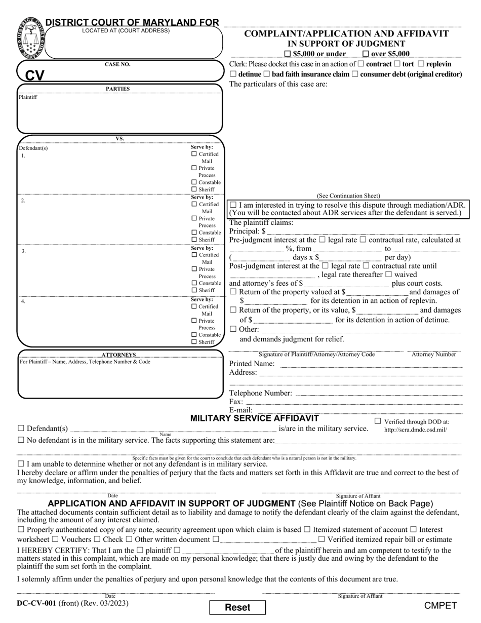 Form DC-CV-001 Complaint / Application and Affidavit in Support of Judgment - Maryland, Page 1