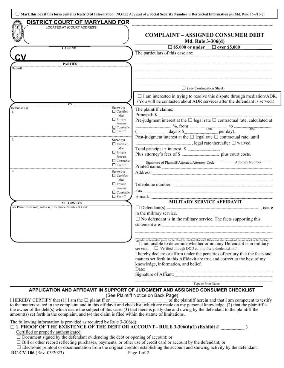 Form DC-CV-106 Complaint - Assigned Consumer Debt - Maryland, Page 1