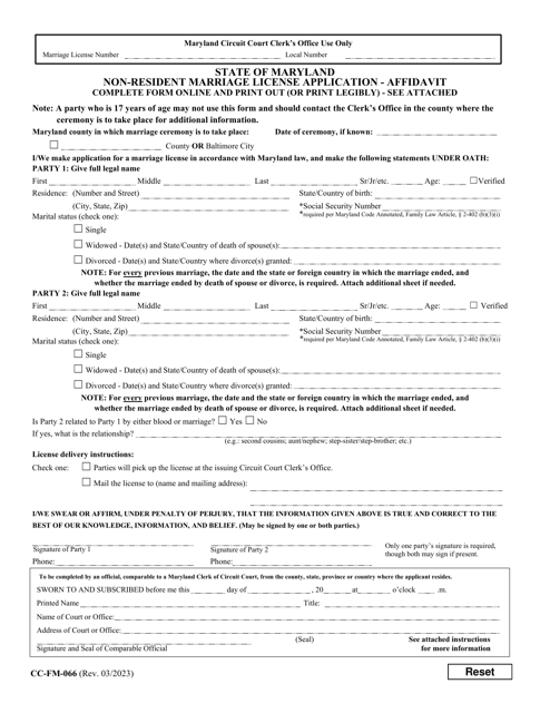 Form CC-FM-066 Non-resident Marriage License Application - Affidavit - Maryland