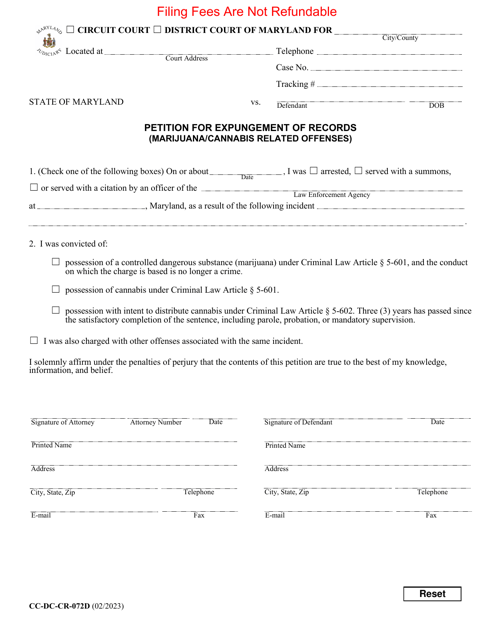 Form CC-DC-CR-072D Petition for Expungement of Records (Marijuana/Cannabis Related Offenses) - Maryland