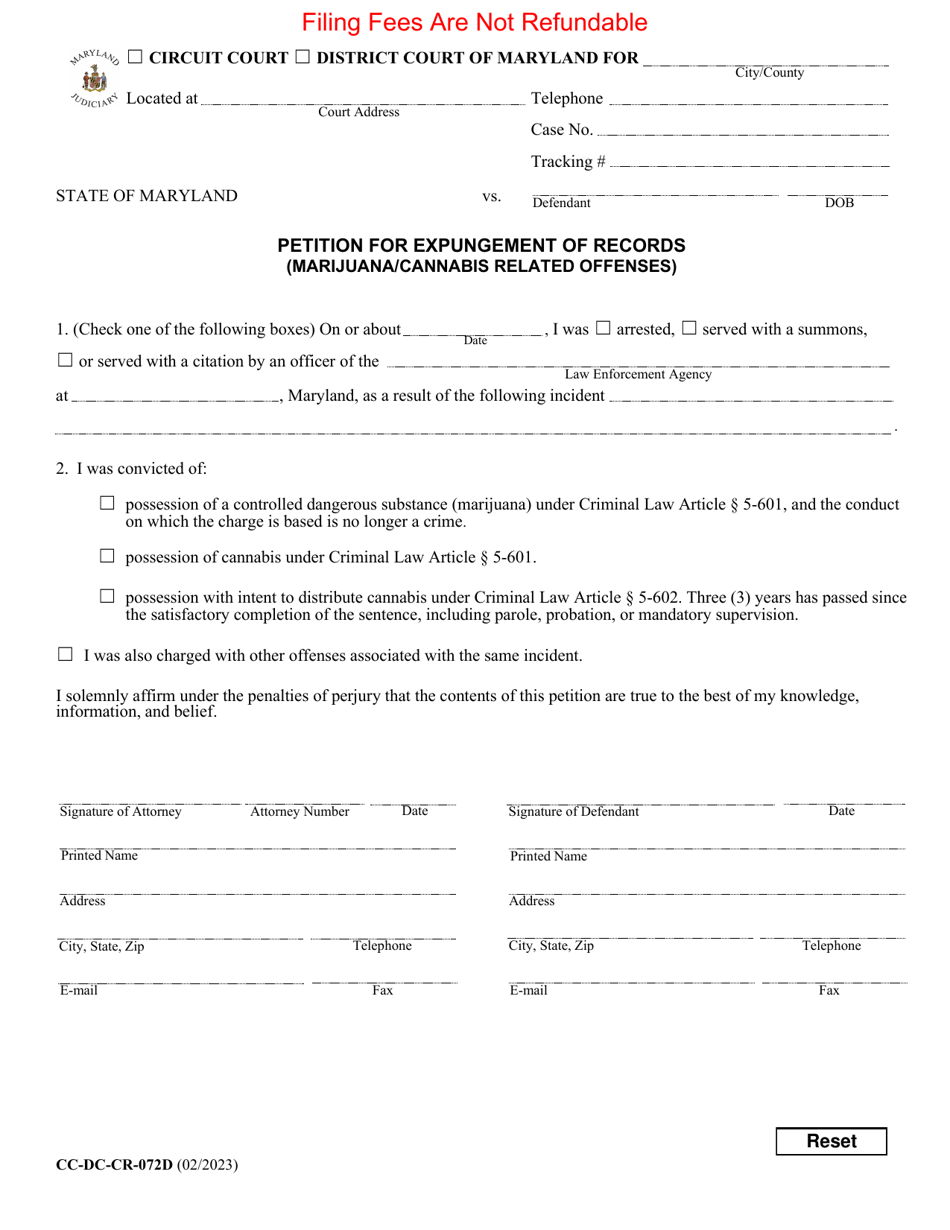 Form CC-DC-CR-072D Petition for Expungement of Records (Marijuana / Cannabis Related Offenses) - Maryland, Page 1