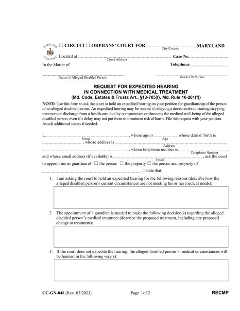 Form CC-GN-048 Request for Expedited Hearing in Connection With Medical Treatment - Maryland