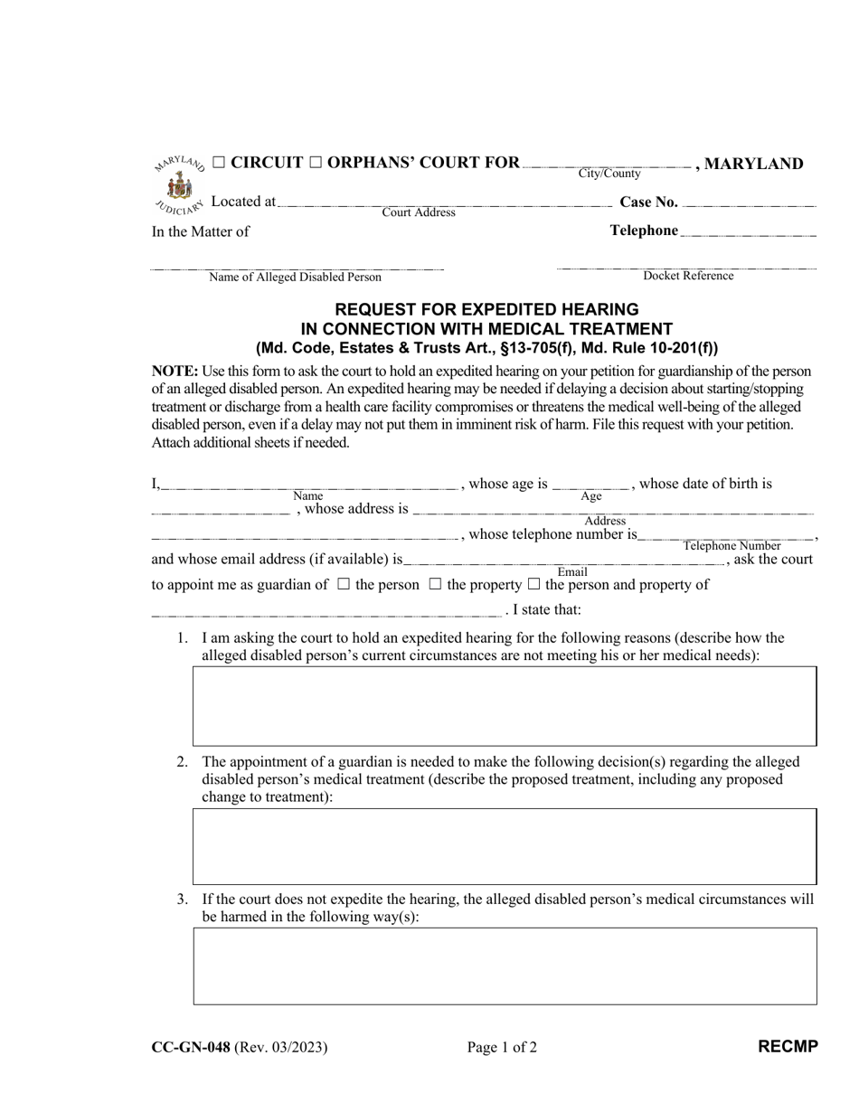 Form CC-GN-048 Request for Expedited Hearing in Connection With Medical Treatment - Maryland, Page 1