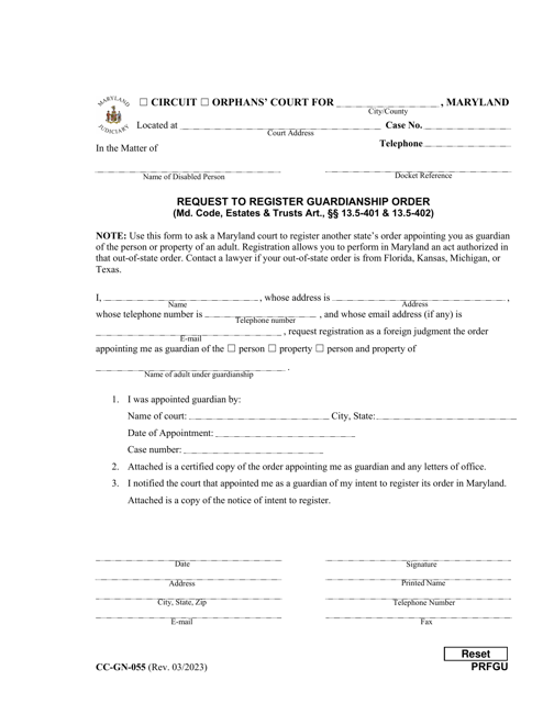 Form CC-GN-055 Request to Register Guardianship Order - Maryland