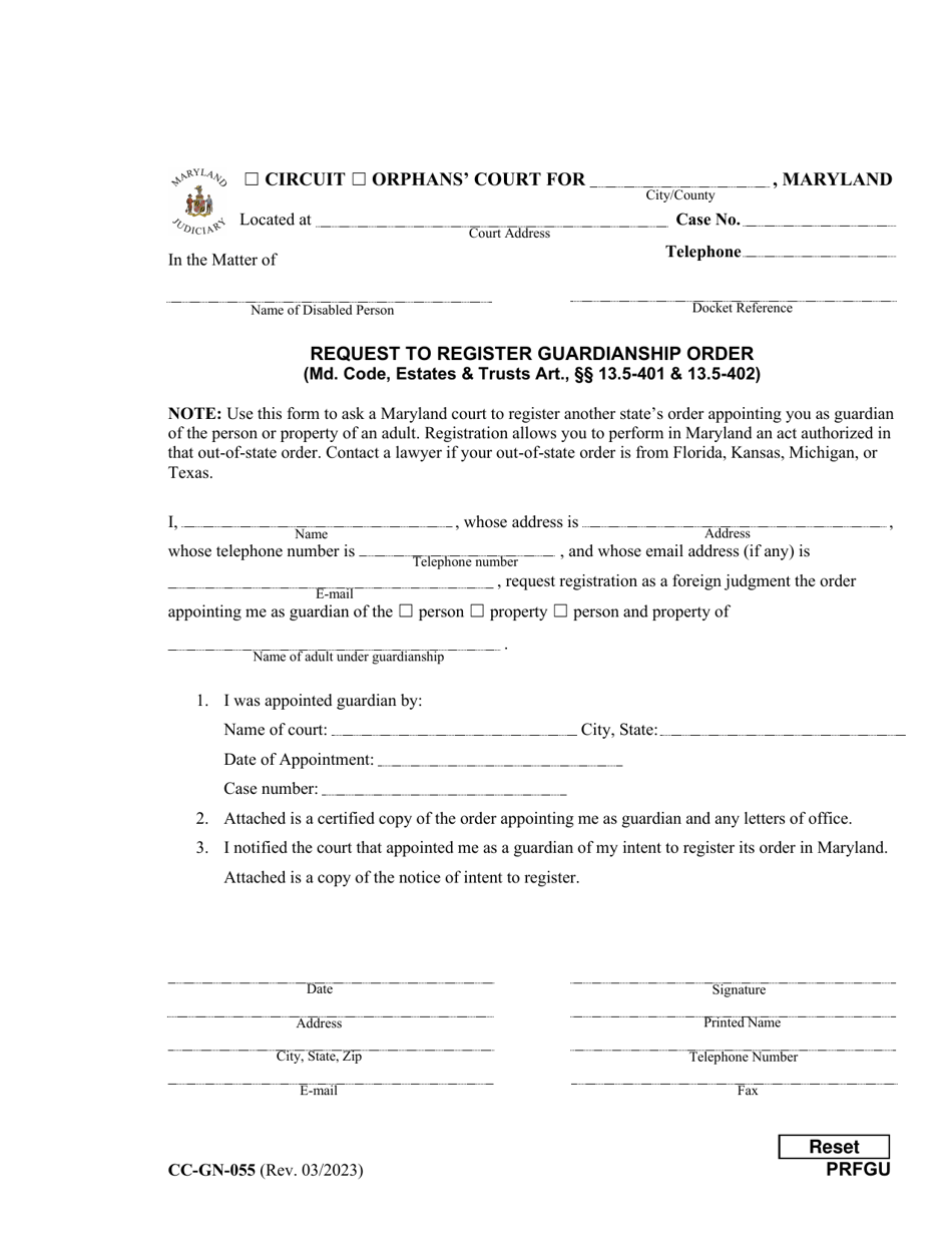Form CC-GN-055 Request to Register Guardianship Order - Maryland, Page 1