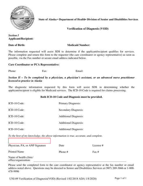 Form UNI-09 Verification of Diagnosis (Vod) - Alaska