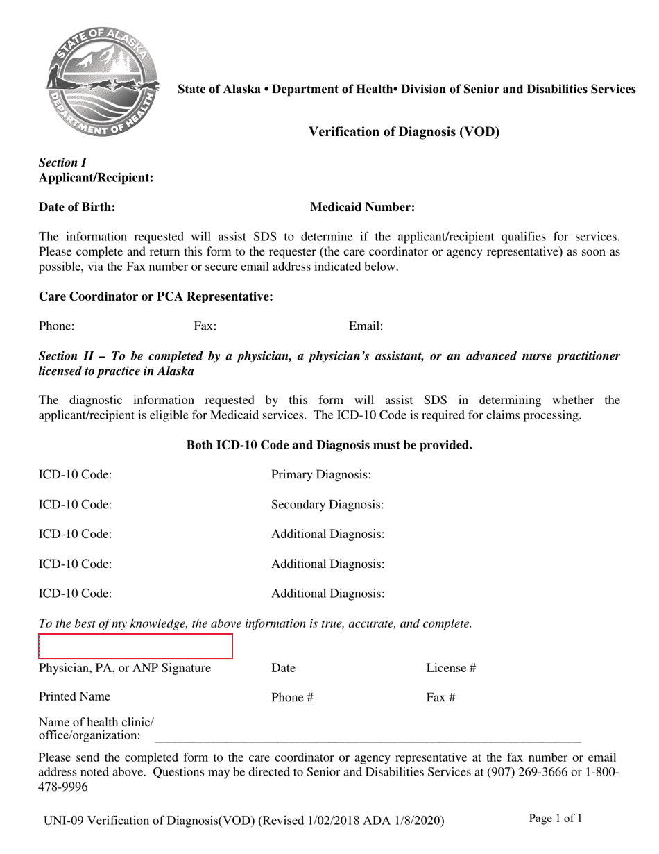 Form UNI-09 Verification of Diagnosis (Vod) - Alaska, Page 1