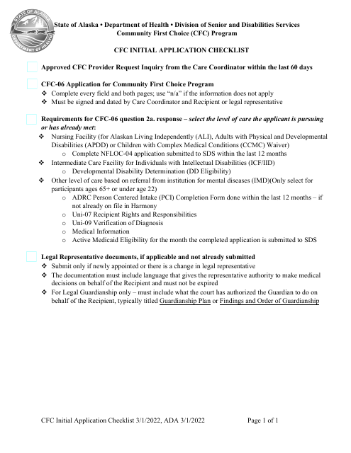 Cfc Initial Application Checklist - Alaska Download Pdf