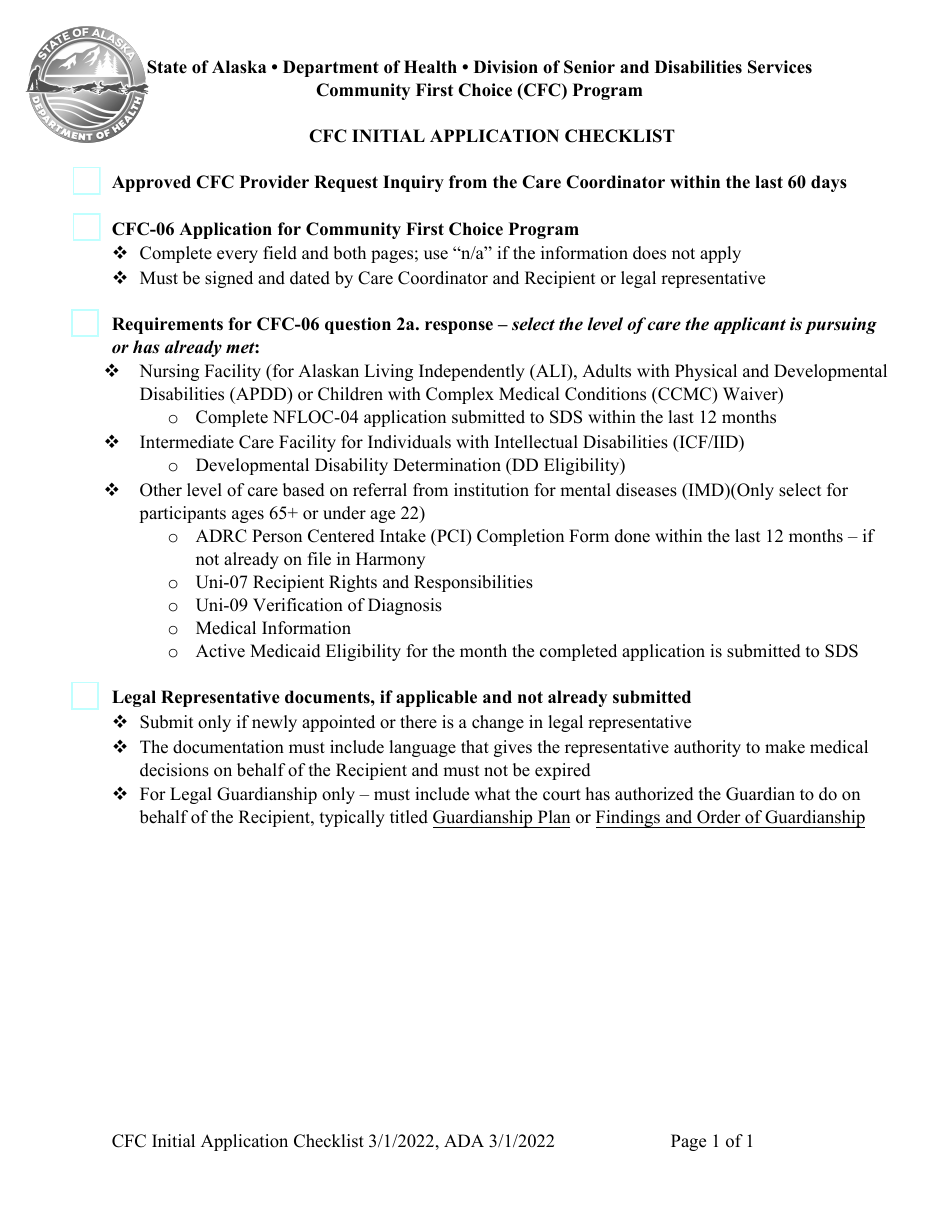 Cfc Initial Application Checklist - Alaska, Page 1