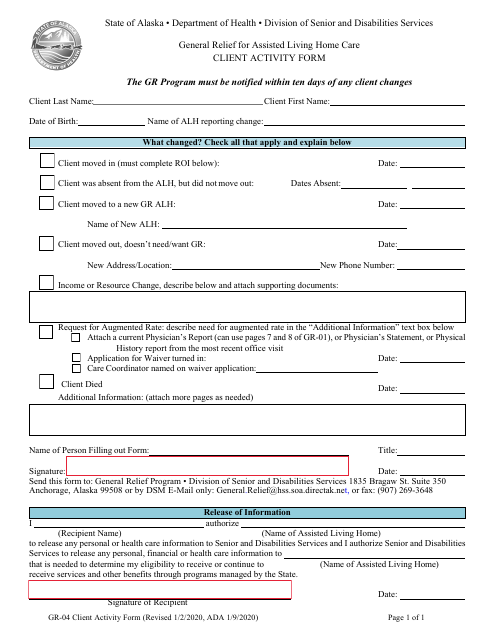 Form GR-04 General Relief for Assisted Living Home Care Client Activity Form - Alaska