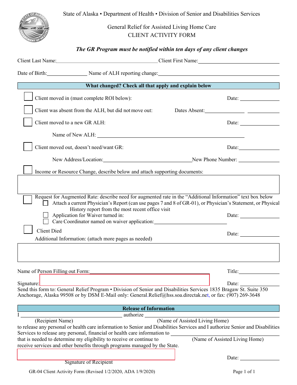 Form GR-04 General Relief for Assisted Living Home Care Client Activity Form - Alaska, Page 1