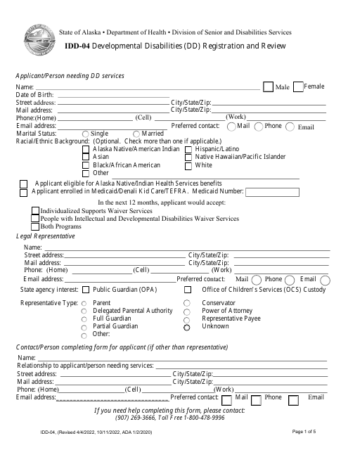 Form IDD-04 Developmental Disabilities (DD) Registration and Review - Alaska