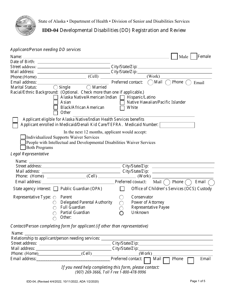 Form IDD-04 Developmental Disabilities (DD) Registration and Review - Alaska, Page 1