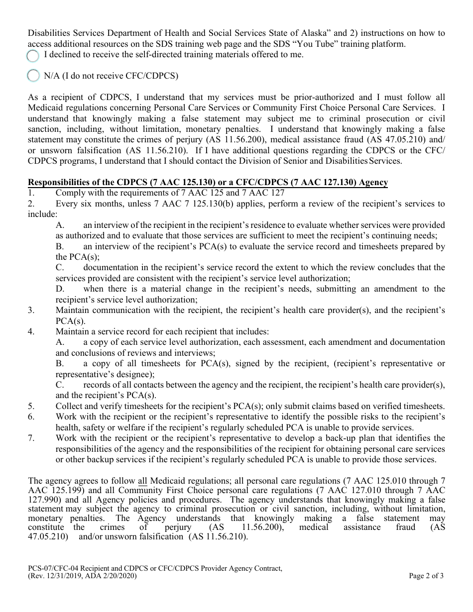 Form PCS-07 (PCS-04) Consumer Directed Personal Care Services (Cdpcs) and Community First Choice Consumer Directed Personal Care Services (Cfc / Cdpcs) Recipient and Cdpcs or Cfc / Cdpcs Provider Agency Contract - Alaska, Page 2