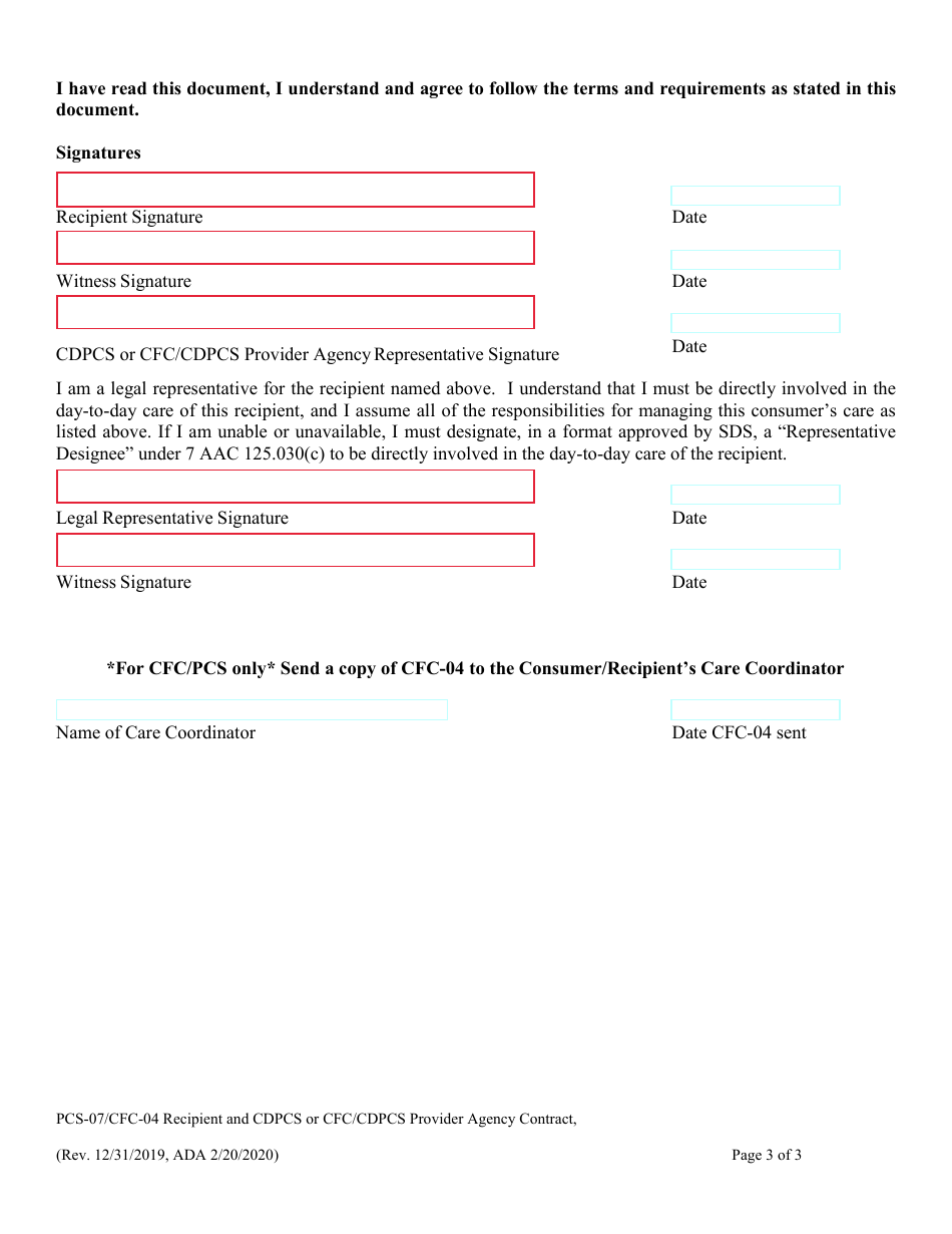 Form PCS-07 (PCS-04) Consumer Directed Personal Care Services (Cdpcs) and Community First Choice Consumer Directed Personal Care Services (Cfc / Cdpcs) Recipient and Cdpcs or Cfc / Cdpcs Provider Agency Contract - Alaska, Page 3