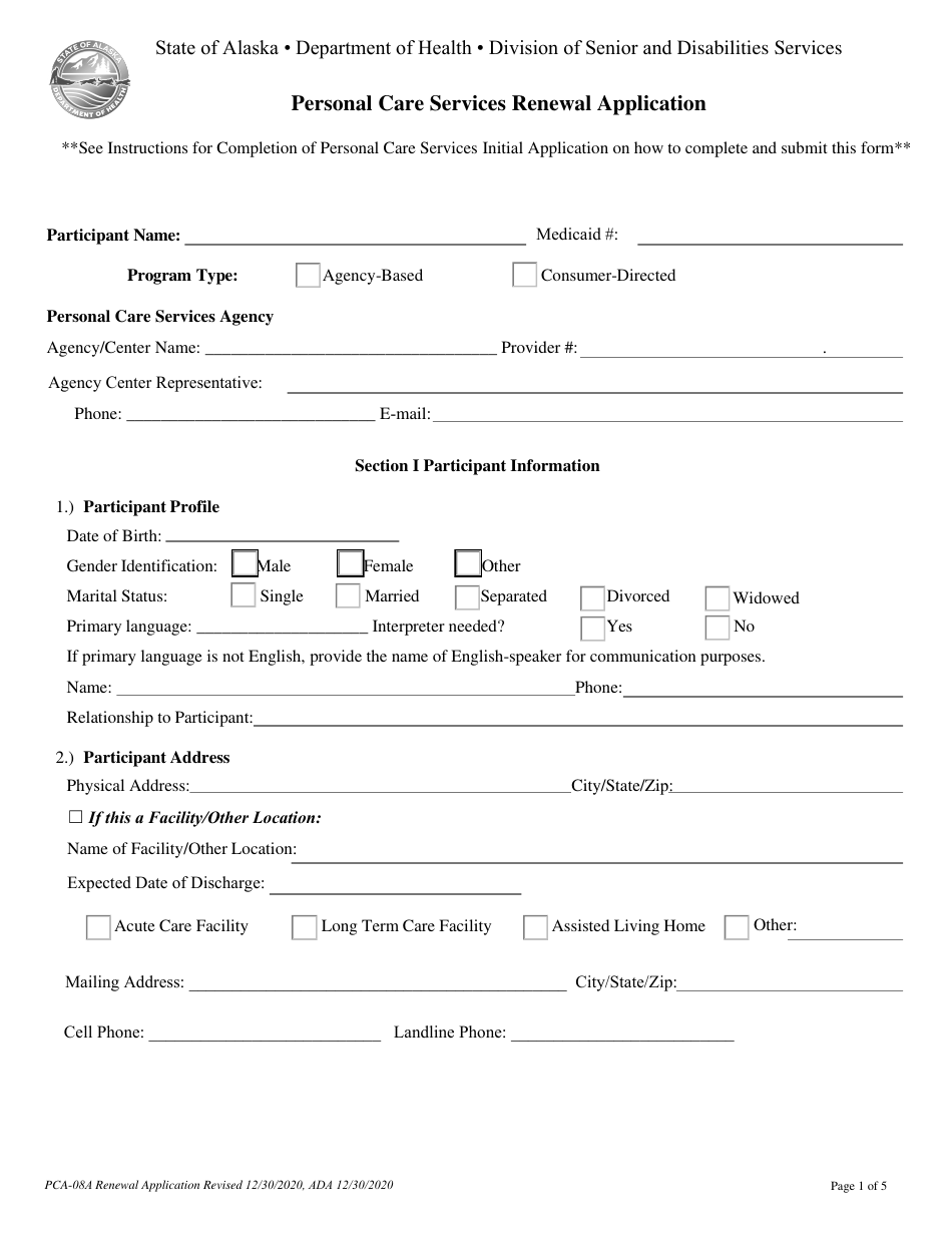 Form PCA-08A Personal Care Services Renewal Application - Alaska, Page 1