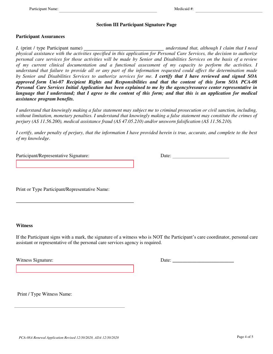 Form PCA-08A Personal Care Services Renewal Application - Alaska, Page 4
