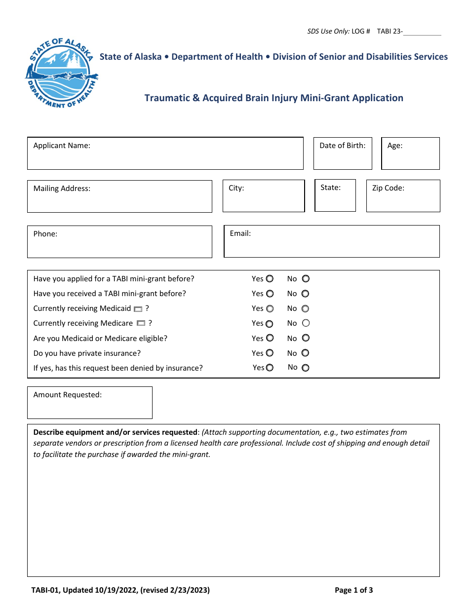 Form TABI-01 Traumatic  Acquired Brain Injury Mini-Grant Application - Alaska, Page 1