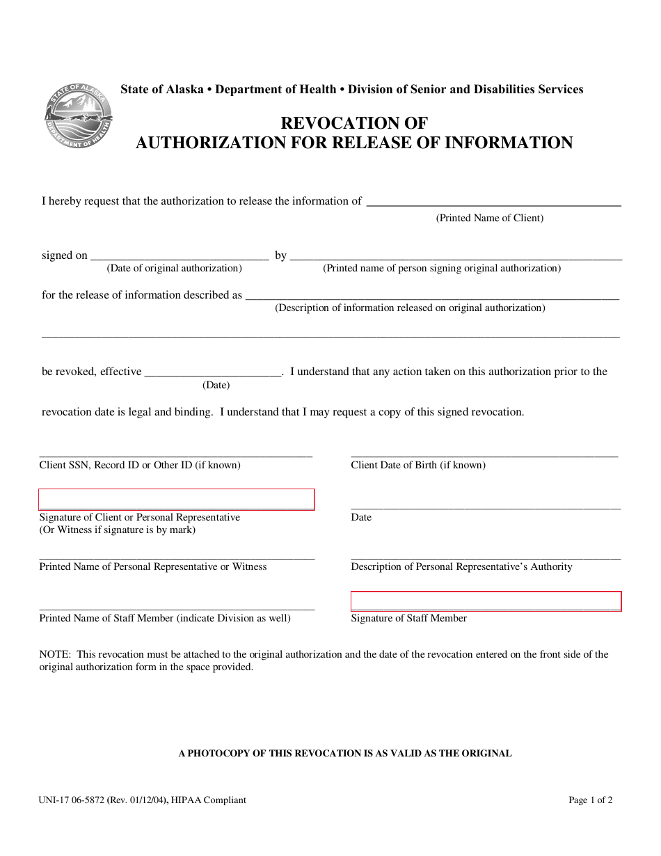 Form UNI-17 Revocation of Authorization for Release of Information - Alaska, Page 1