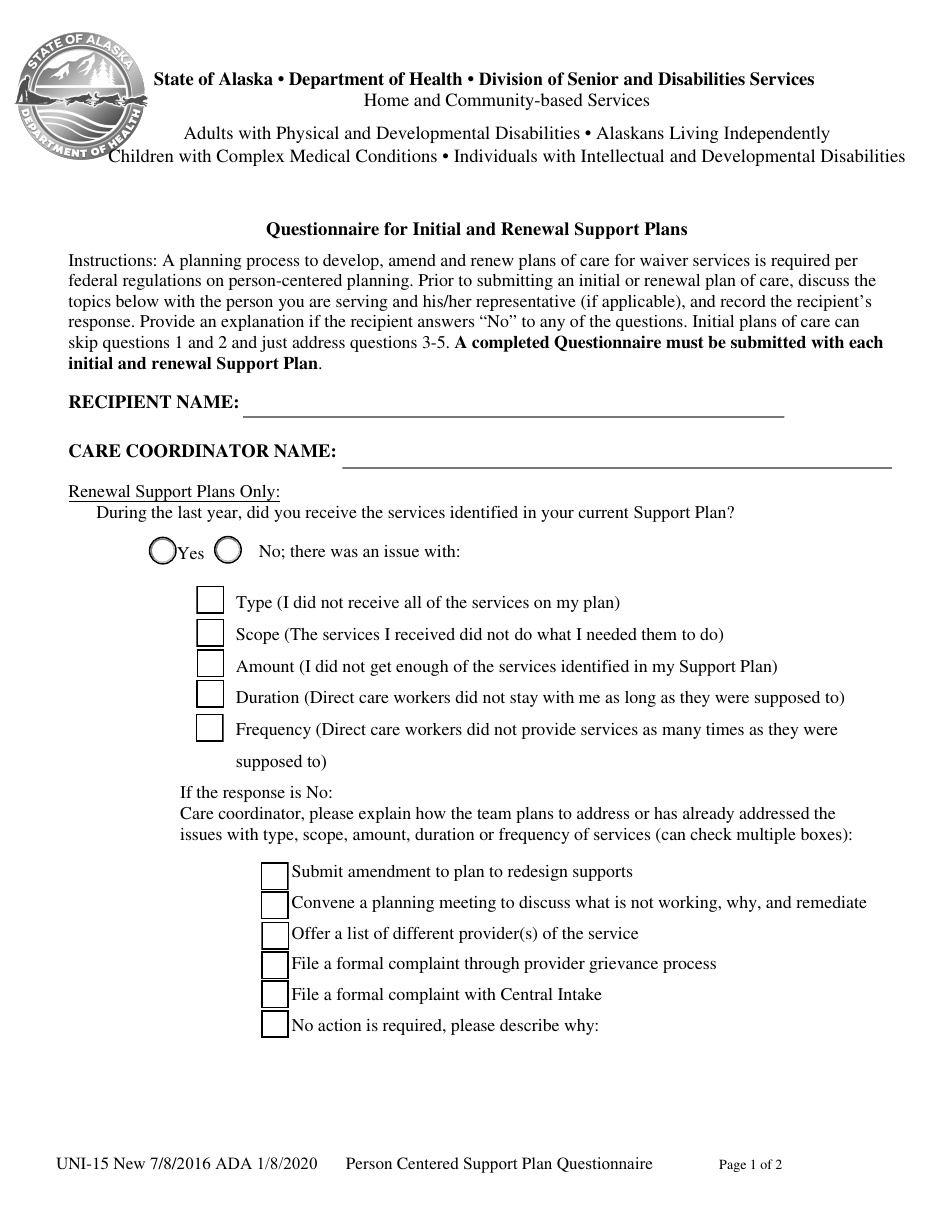 Form UNI-15 Questionnaire for Initial and Renewal Support Plans - Alaska, Page 1