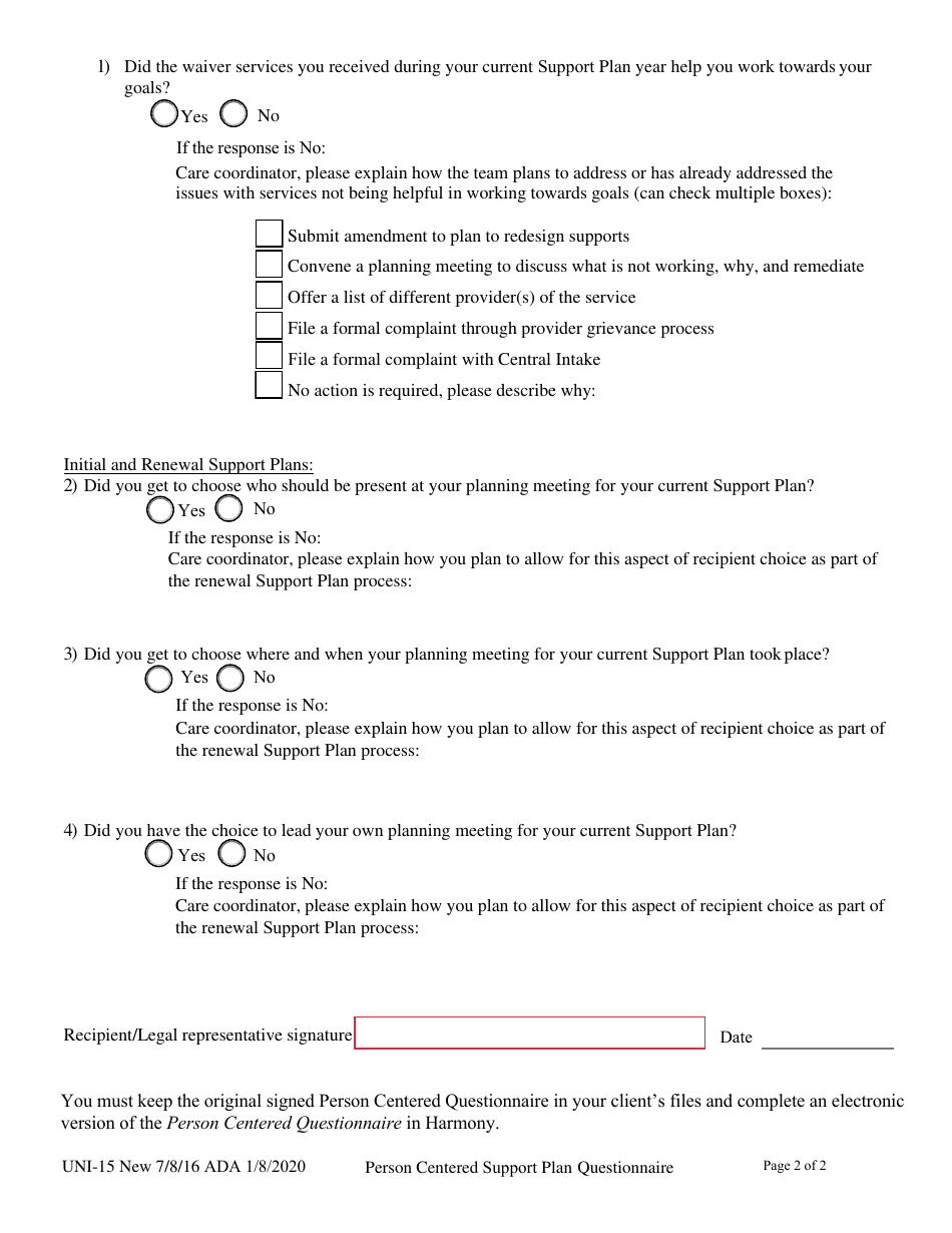 Form UNI-15 Questionnaire for Initial and Renewal Support Plans - Alaska, Page 2