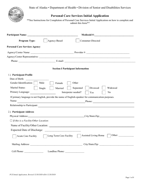 Form PCA-08 Personal Care Services Initial Application - Alaska