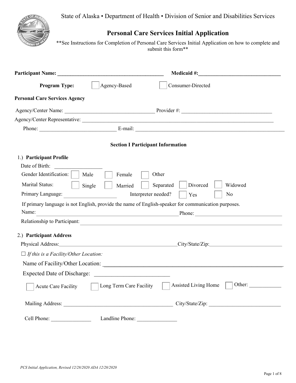 Form PCA-08 Personal Care Services Initial Application - Alaska, Page 1