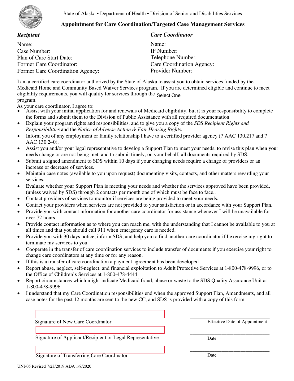 Form UNI-05 Appointment for Care Coordination / Targeted Case Management Services - Alaska, Page 1