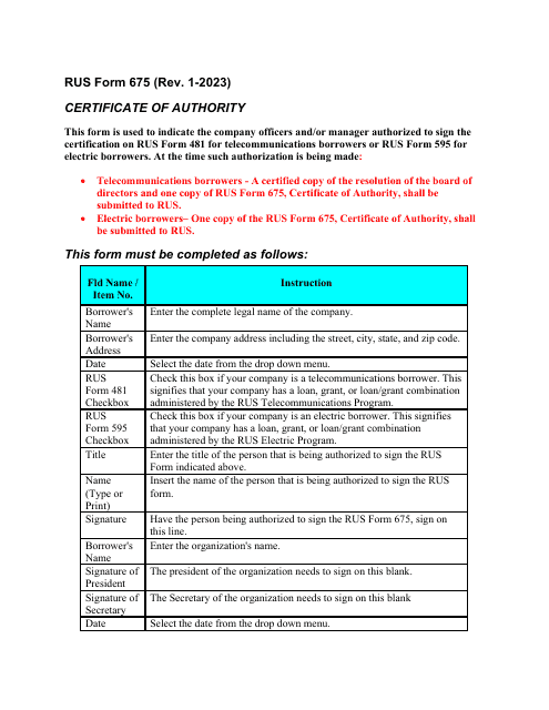 RUS Form 675  Printable Pdf