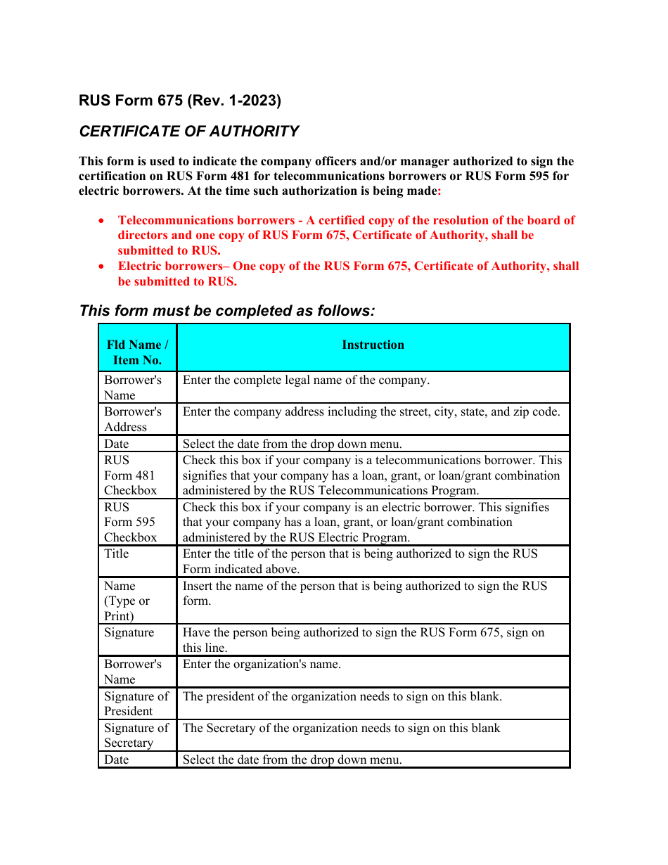 Instructions for RUS Form 675 Certificate of Authority, Page 1