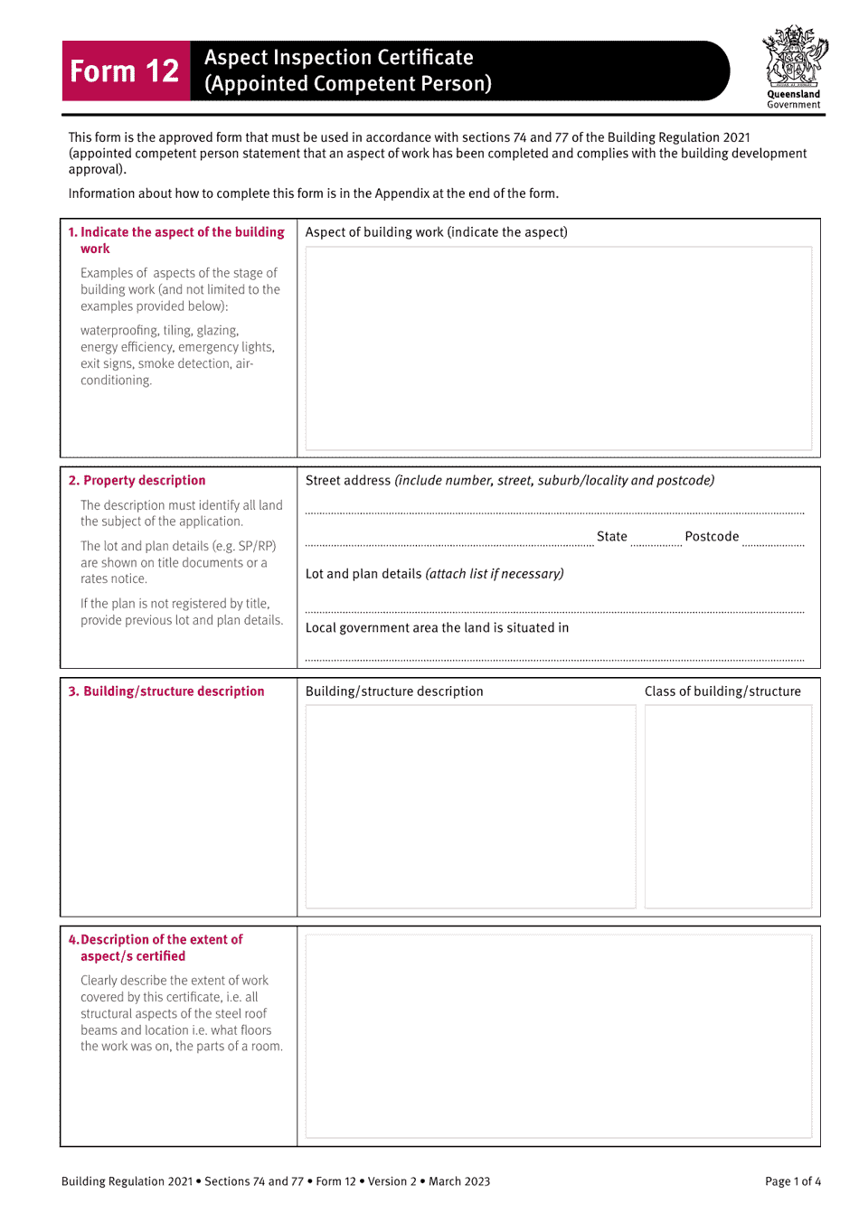 Form 12 Aspect Inspection Certificate (Appointed Competent Person) - Queensland, Australia, Page 1