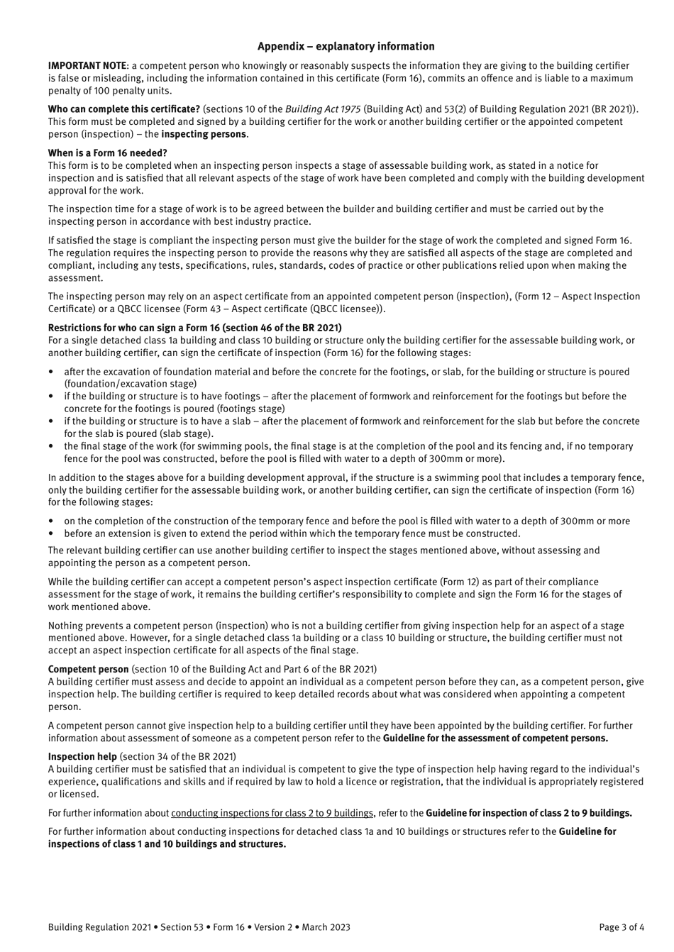 Form 16 Inspection Certificate - Queensland, Australia, Page 3