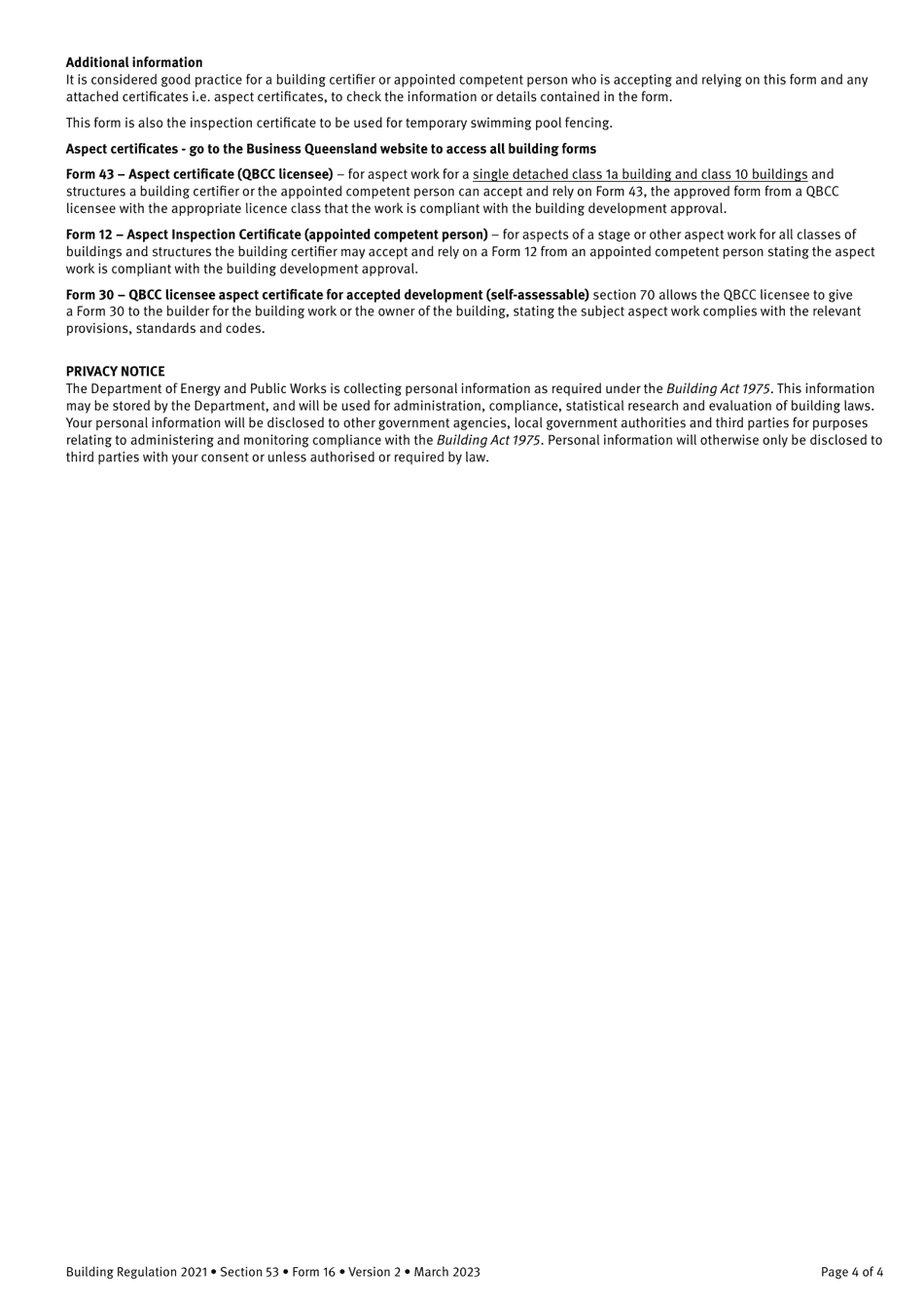 Form 16 Inspection Certificate - Queensland, Australia, Page 4