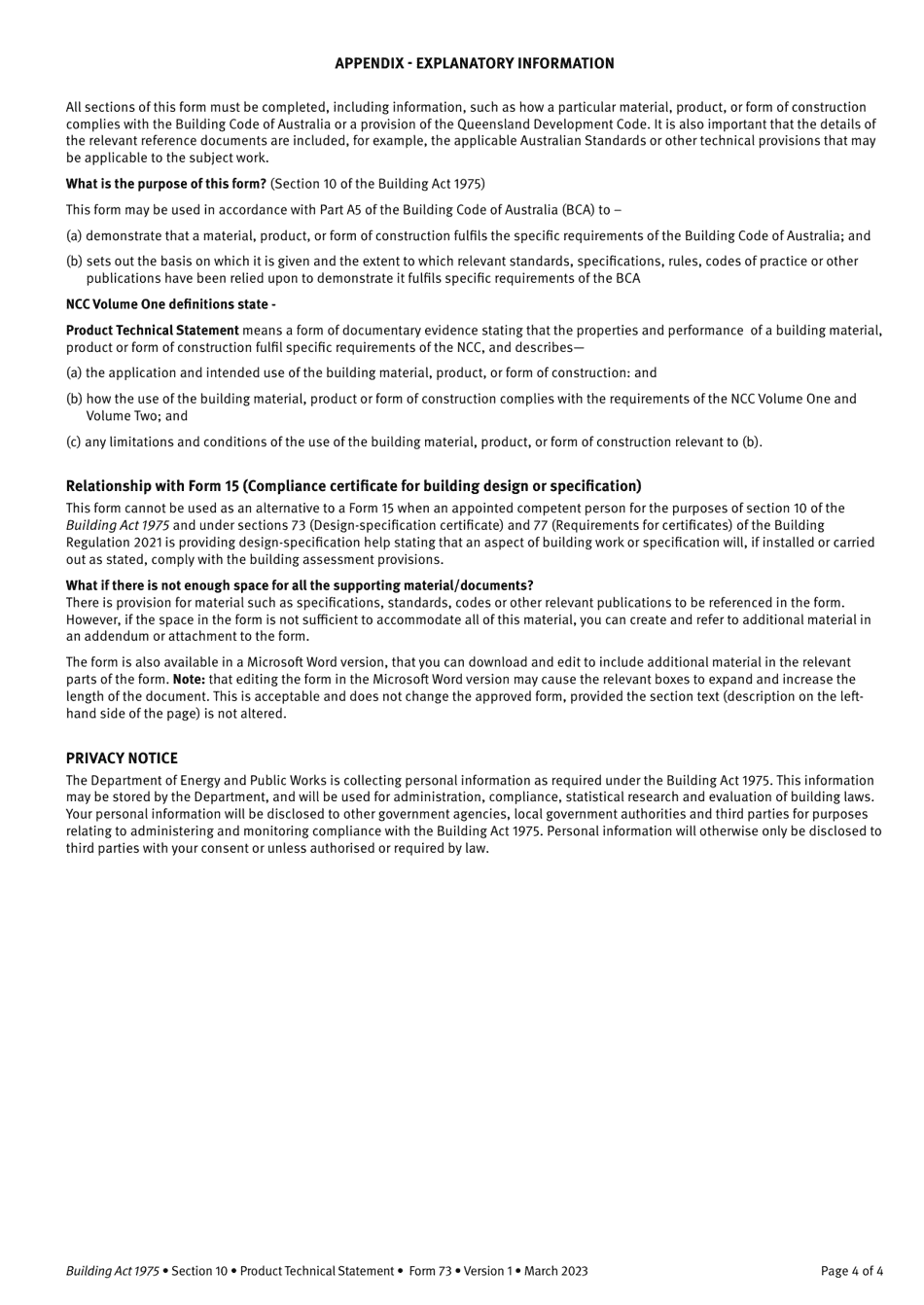 Form 73 Product Technical Statement - Queensland, Australia, Page 4