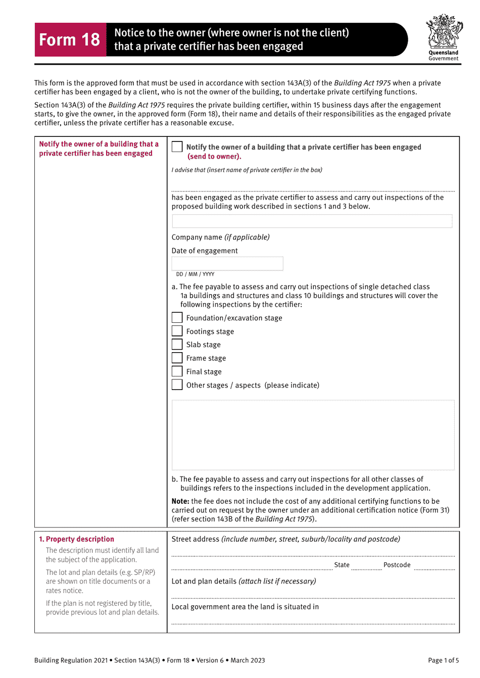 Form 18 Notice to the Owner (Where Owner Is Not the Client) That a Private Certifier Has Been Engaged - Queensland, Australia, Page 1