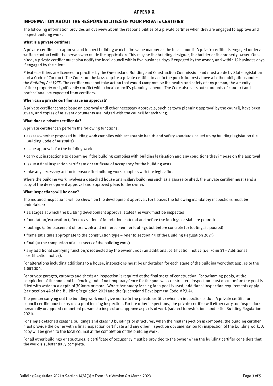Form 18 Notice to the Owner (Where Owner Is Not the Client) That a Private Certifier Has Been Engaged - Queensland, Australia, Page 3