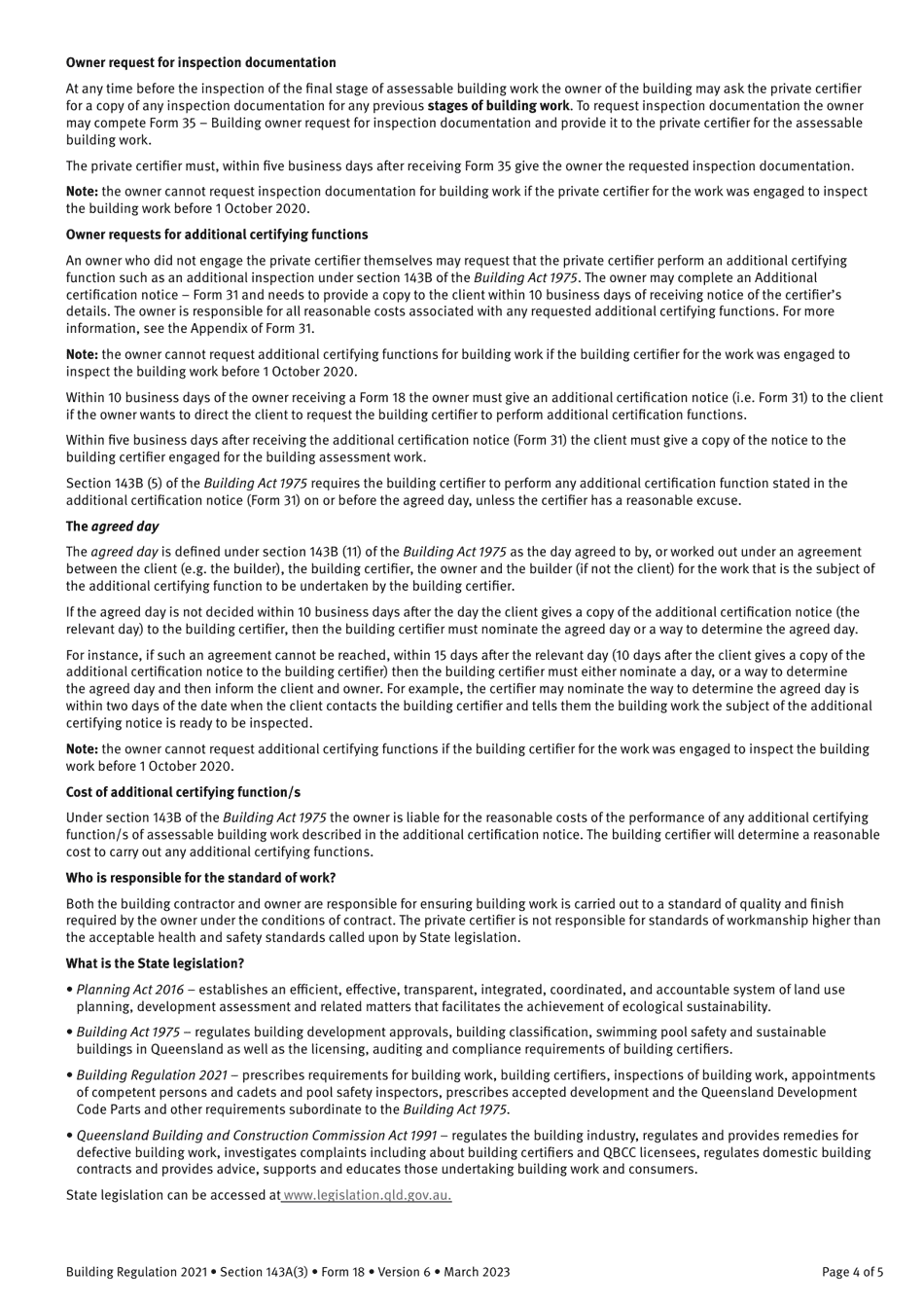 Form 18 Notice to the Owner (Where Owner Is Not the Client) That a Private Certifier Has Been Engaged - Queensland, Australia, Page 4