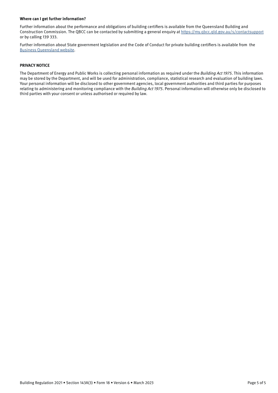 Form 18 Notice to the Owner (Where Owner Is Not the Client) That a Private Certifier Has Been Engaged - Queensland, Australia, Page 5