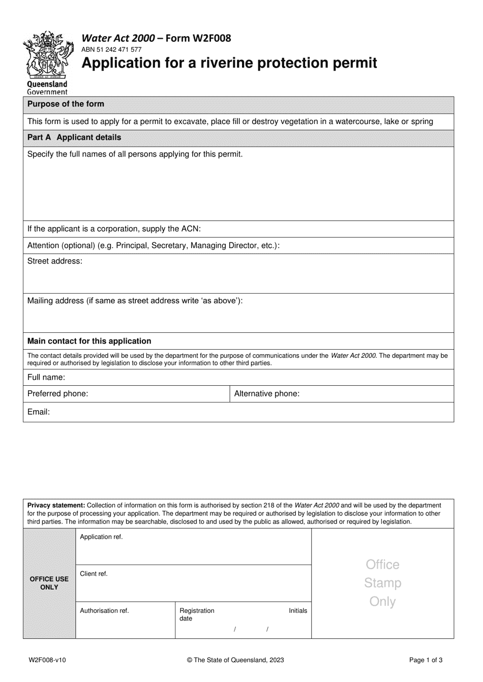 Form W2F008 Application for a Riverine Protection Permit - Queensland, Australia, Page 1