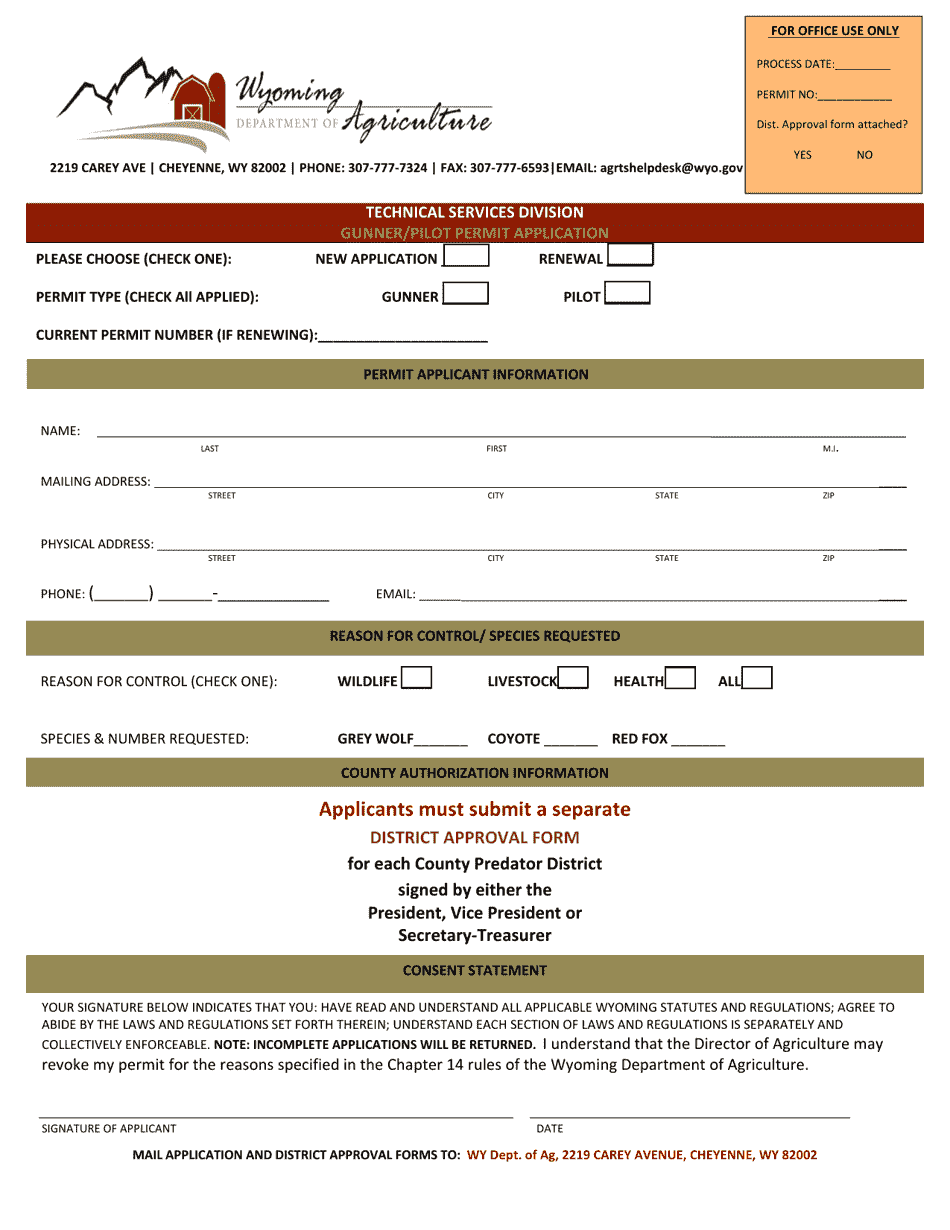 Gunner / Pilot Permit Application - Wyoming, Page 1