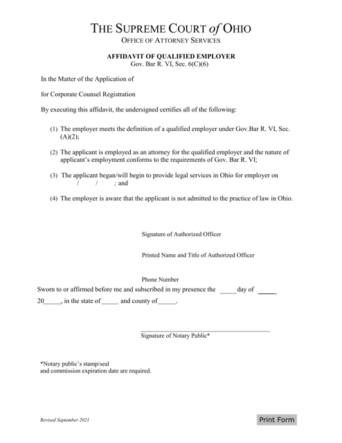 Affidavit of Qualified Employer - Ohio
