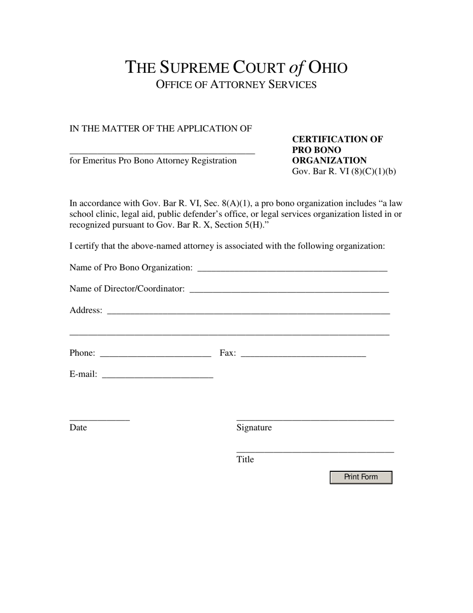 Certification of Pro Bono Organization - Ohio, Page 1