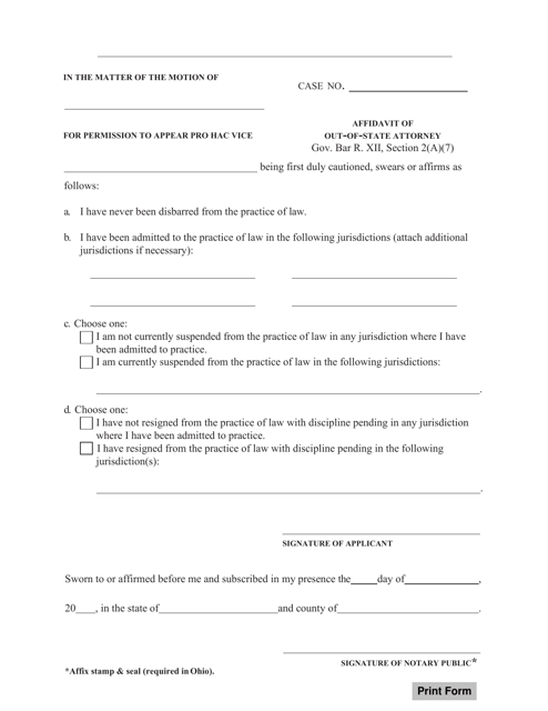 Affidavit of Out-of-State Attorney - Ohio Download Pdf