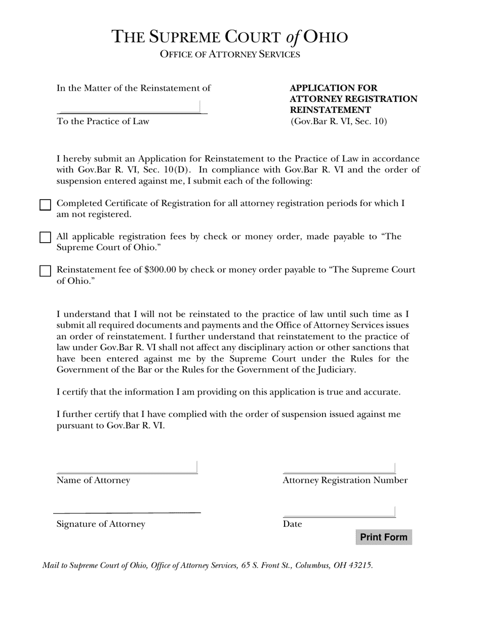 Ohio Application for Attorney Registration Reinstatement Fill Out
