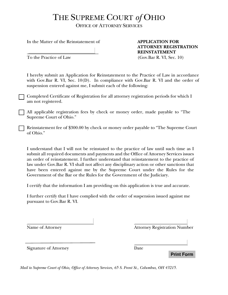 Application for Attorney Registration Reinstatement - Ohio, Page 1
