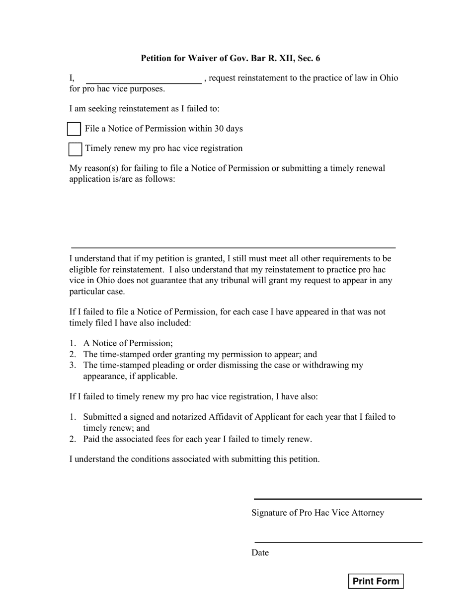 Petition to Waive the Pro Hac Vice Requirements - Ohio, Page 1