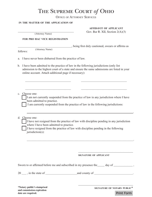 Affidavit of Applicant - Ohio