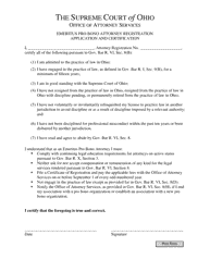 Document preview: Emeritus Pro Bono Attorney Registration Application and Certification - Ohio