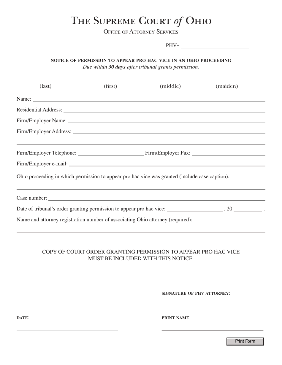 Notice of Permission to Appear Pro Hac Vice in an Ohio Proceeding - Ohio, Page 1