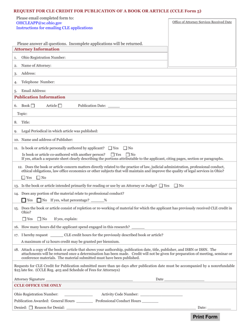 CCLE Form 5 Request for Cle Credit for Publication of a Book or Article - Ohio